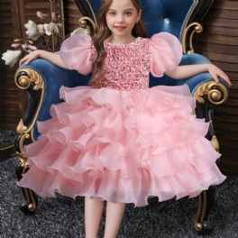 Flickor Söt Elegant Puff Sleeve Mesh Princess Dress For Performance Party Kostymer Rosa