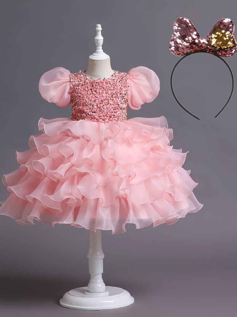Flickor Söt Elegant Puff Sleeve Mesh Princess Dress For Performance Party Kostymer Rosa