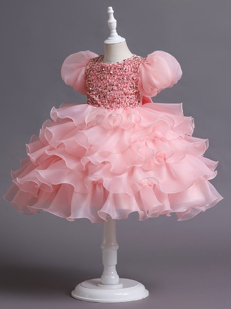 Flickor Söt Elegant Puff Sleeve Mesh Princess Dress For Performance Party Kostymer Rosa