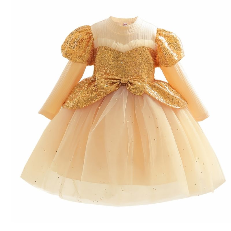 Flickor Söt Elegant Puffärm Prinsess Klänning Sömnad Paljett Rosett Mesh För Party Performance