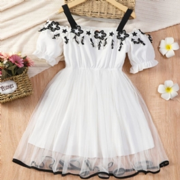 Flickor Summer 2023 New Mesh Dress Söt Solid Prinsessklänning