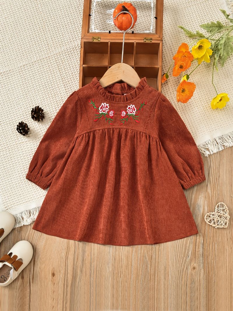 Flickor Vintage Blommor Broderad Corduroy Klänning Långärmad Rufsig Hals Prinsess För Höst Vinter