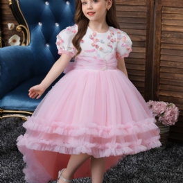 Kortärmad Prinsessklänning För Flickor Med Stereo Blomsterdekor