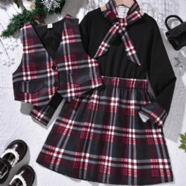 Långärmad Plädklänning För Flickor + Matchande Väst + Slipsset Barnkläder Till Jul