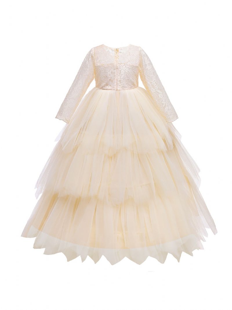 Mesh Puffy Princess Dress Long Flickor Spets Långärmad Aftonklänning Bröllopsklänning