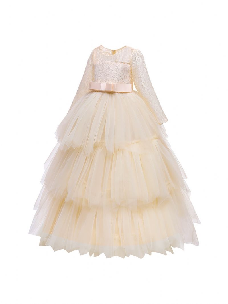 Mesh Puffy Princess Dress Long Flickor Spets Långärmad Aftonklänning Bröllopsklänning