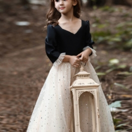 Nyårsklänning Flickor Mesh Lång Prinsessklänning Med Vågljus Upp I Det Stora Barnet Flower Catwalk Kostym
