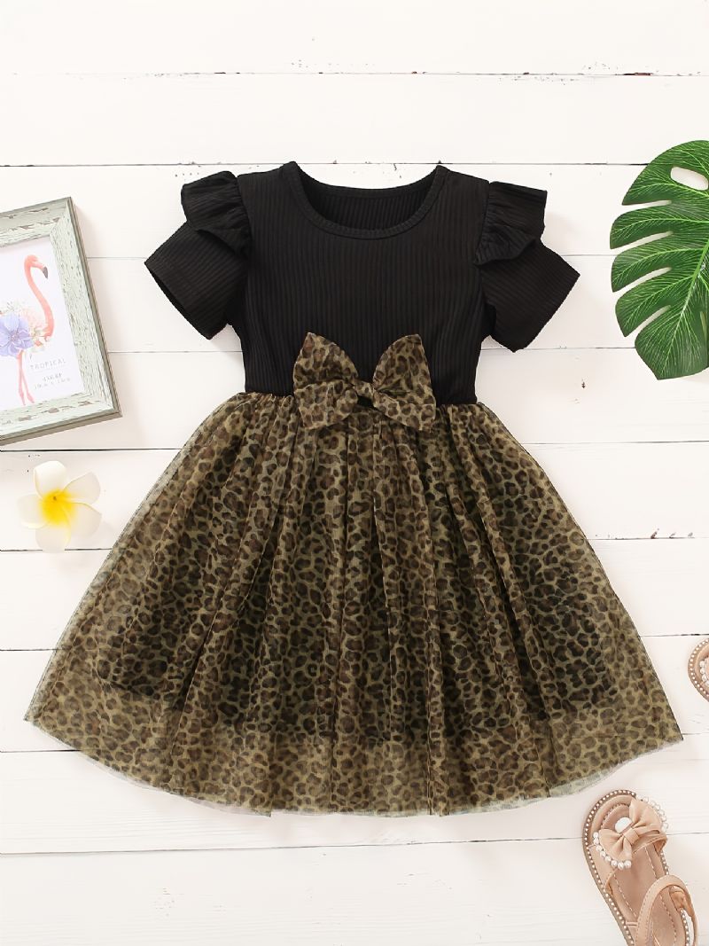 Småbarn Barn Flickor Kortärmade Bowknot Mesh-klänningar Med Leopardtryckt Tyll Prinsessklänning För Födelsedagsfest