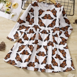 Småbarn Bebis Flickor Klänning Långärmad Butterfly Print Princess Dress Barnkläder