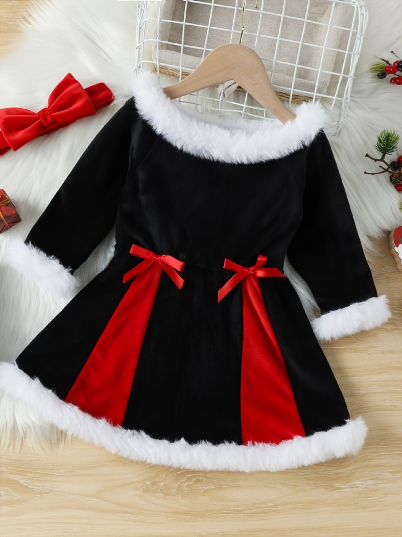 Småbarn Bebis Flickor Långärmad Rosett Av Axeln Klänning Jul Outfits