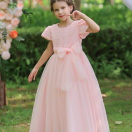 Småbarn Flickor Rose Flower Klänning Med Rosett Pompom Prinsess