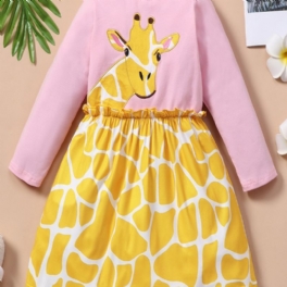 Söt Tecknad Långärmad Giraffklänning Med Rund Hals Rosa Topp Andas Skön Skjorta Lätt Tjejklänning Mjuk Elegant Blus