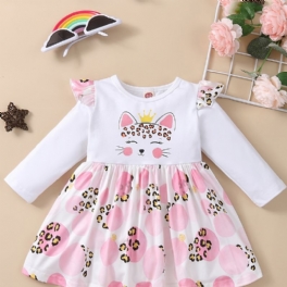 Spädbarn Flickor Långärmad Klänning Med Flygande Ärm Rundhalsad Söt Katttrycksklänning Bebiskläder