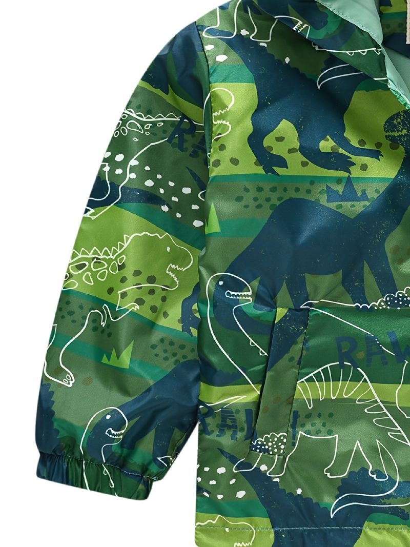 1 St Casual Söt Grön Dinosaurie Print Dragkedja Huvjacka Cardigan Krage Termojacka För Vinter Pojkar Flickor