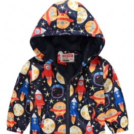 1st Casual Söt Rocket Print Dragkedja Huvjacka Cardigan Krage Fleece Thermal Jacka För Vinter Pojkar Flickor