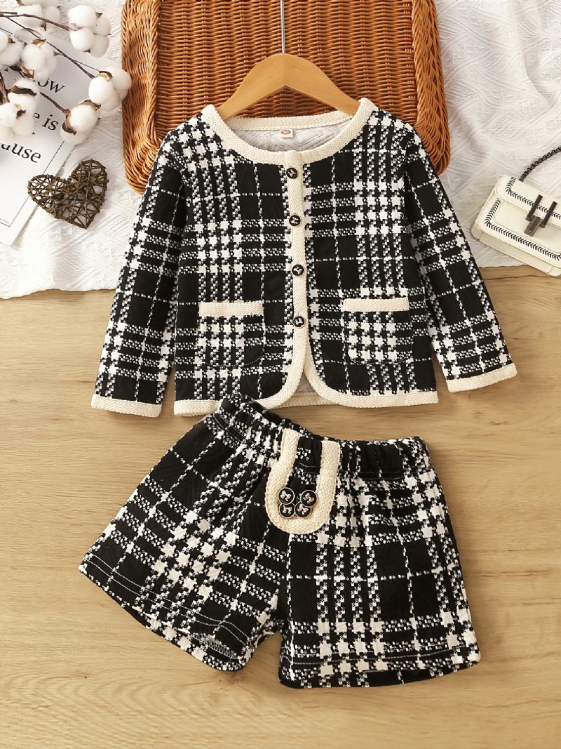 2st Bebis Flickor Långärmad Cardigan Jacka & Houndstooth Shorts Barnkläder