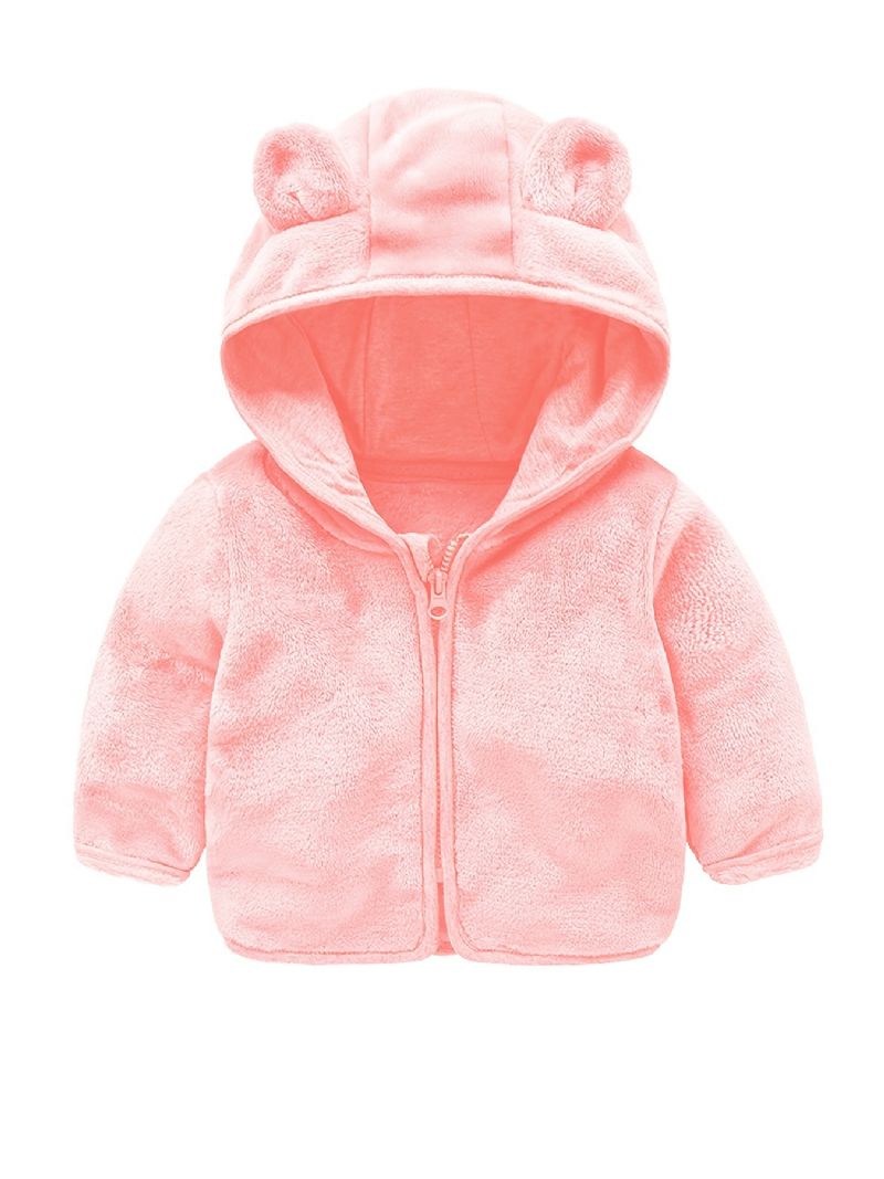 Bebis Flickor Casual Söt Fleece Dragkedja Huvjacka Med Björnöra Långärmade Termiska Ytterkläder För Vintern