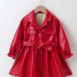 Bebis Flickor Långärmad Volang Pu-läderklänning Lapel Button Enfärgad Jacka Med Bälte Barnkläder