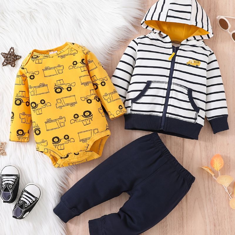 Bebis Pojkar Casual Cartoon Car Print Romper & Randig Zip-up Huvjacka & Byxor