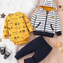 Bebis Pojkar Casual Cartoon Car Print Romper & Randig Zip-up Huvjacka & Byxor