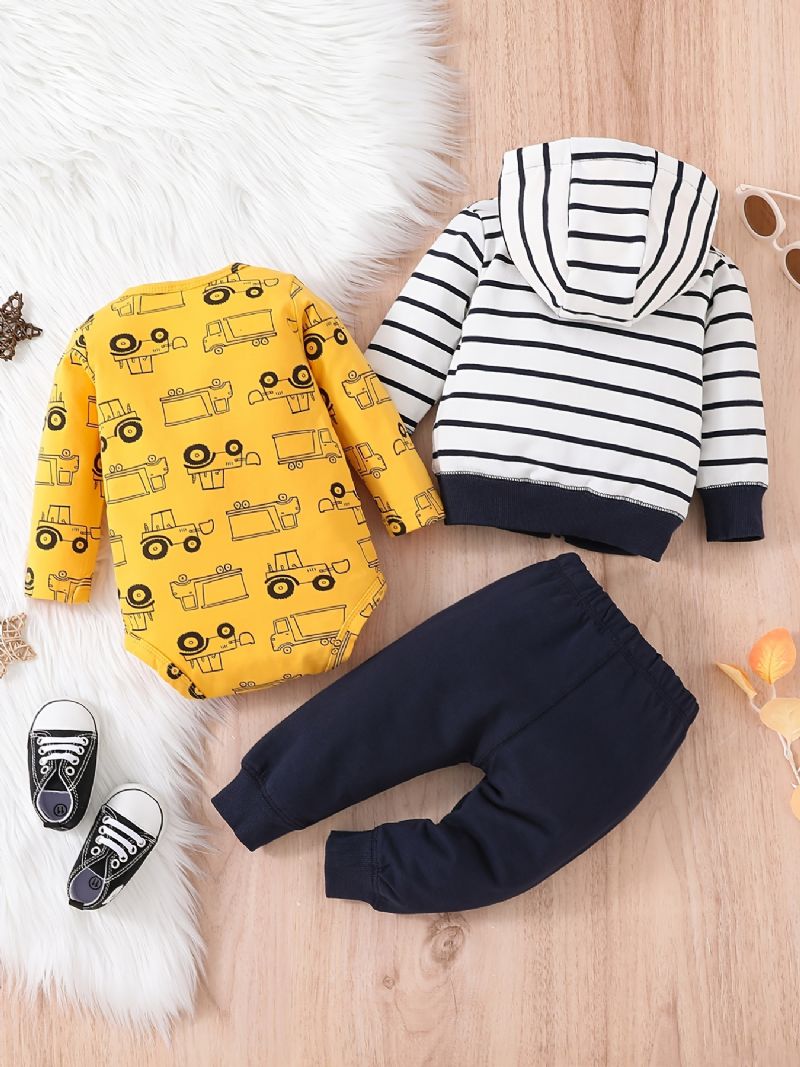 Bebis Pojkar Casual Cartoon Car Print Romper & Randig Zip-up Huvjacka & Byxor