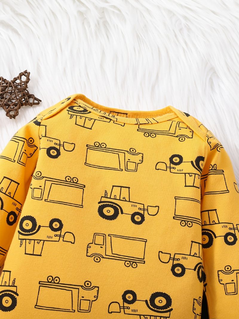 Bebis Pojkar Casual Cartoon Car Print Romper & Randig Zip-up Huvjacka & Byxor