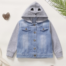 Bebis Pojkar Casual Stitching Hooded Denim Jacka Med Söt Katt Print För Vinter Cerulean