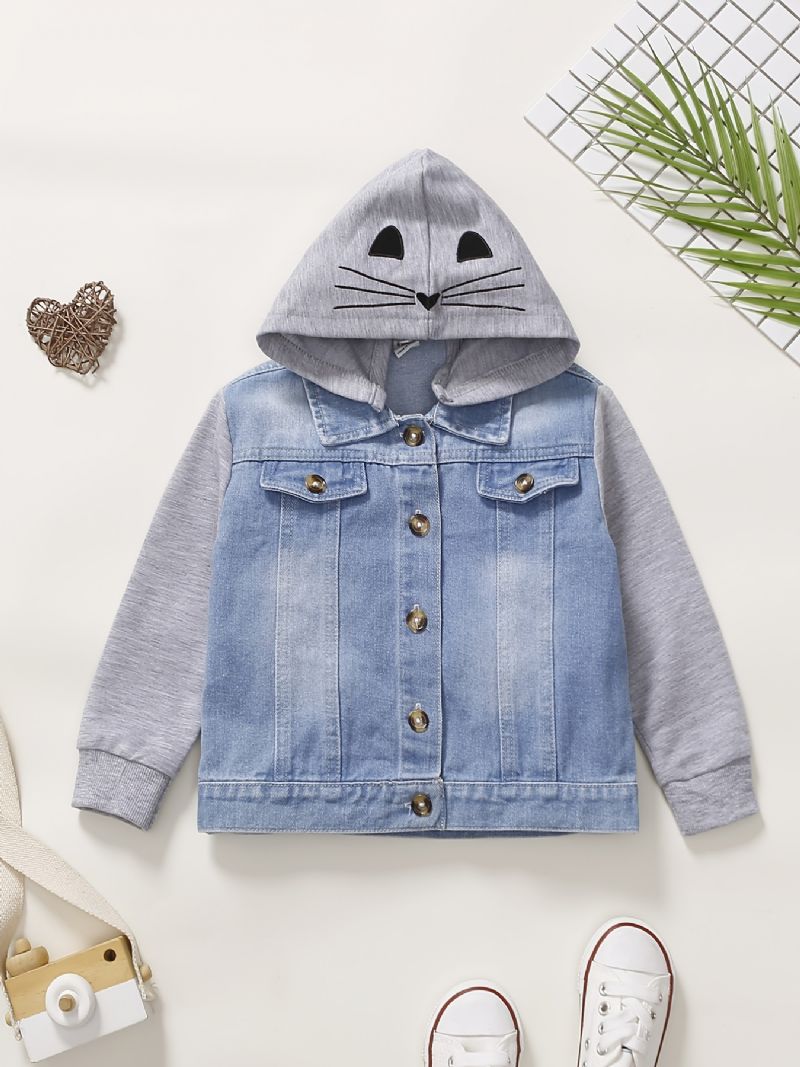 Bebis Pojkar Casual Stitching Hooded Denim Jacka Med Söt Katt Print För Vinter Cerulean