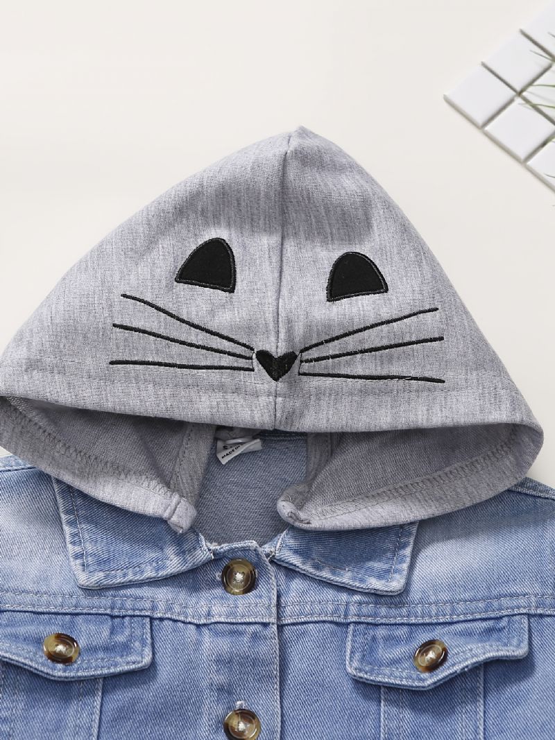 Bebis Pojkar Casual Stitching Hooded Denim Jacka Med Söt Katt Print För Vinter Cerulean