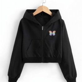 Flickor Crop Top Hoodies Butterfly Print Zip Up Jacka Barnkläder