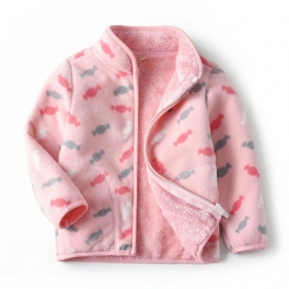 Flickor New Thickened Fleece Stand Krage Jacka Med Candy Print Ytterkläder För Vinter Rosa