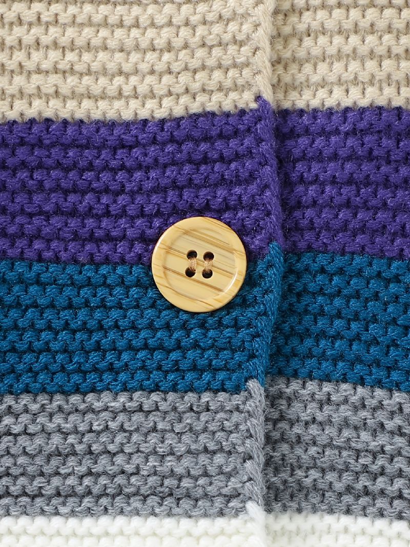 Pojkar Color Block Stickad Button Down Huvjacka Kappa Med Djuröron Bebiskläder För Vintern