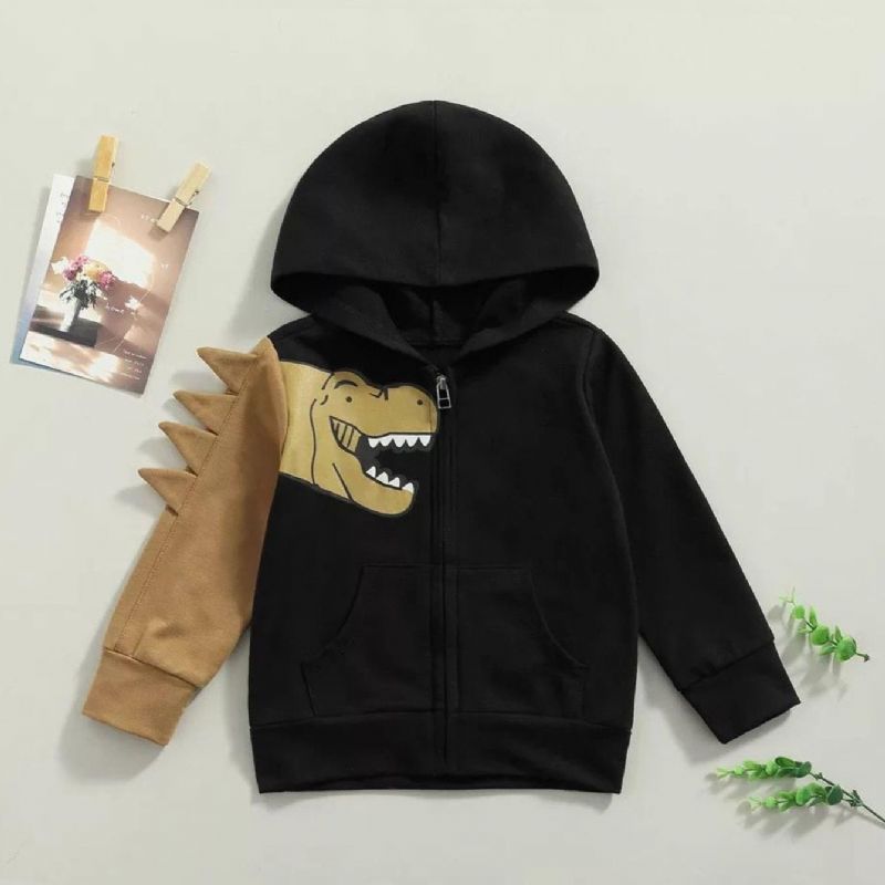 Pojkar Dinosaur Mönster Cardigan Zipper Pocket Hood Sweater Jacka