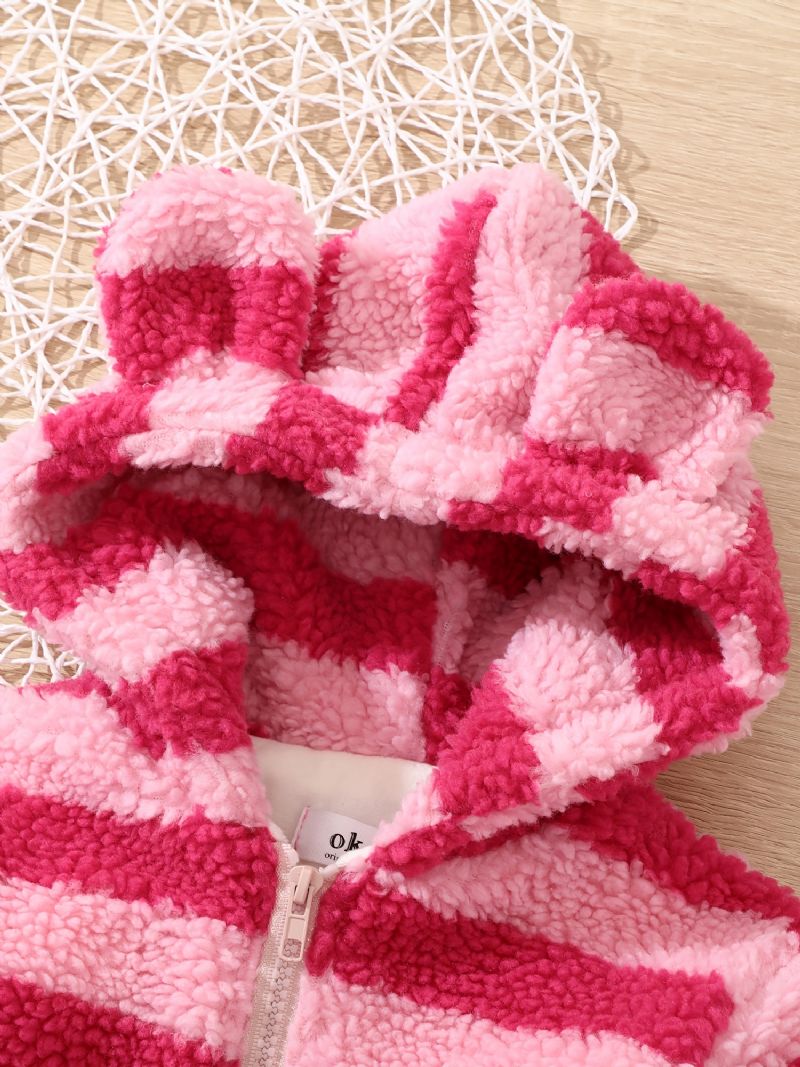 Söt Huvjacka För Flickor Med Kaninöra Fleece Termiskt Randigt Tryck Ytterkläder För Vintern