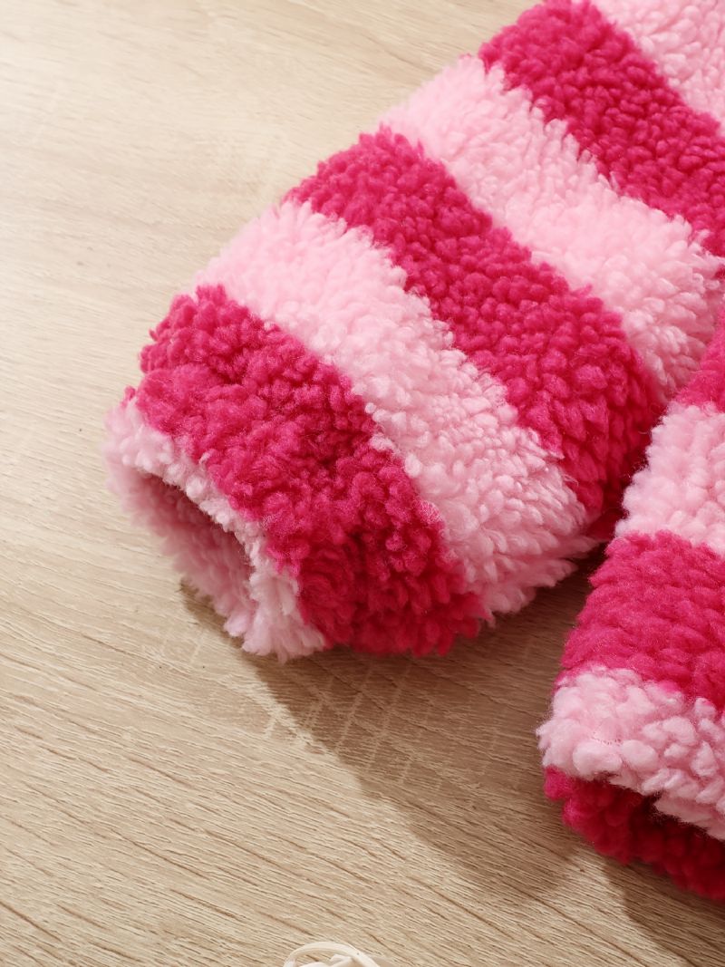 Söt Huvjacka För Flickor Med Kaninöra Fleece Termiskt Randigt Tryck Ytterkläder För Vintern