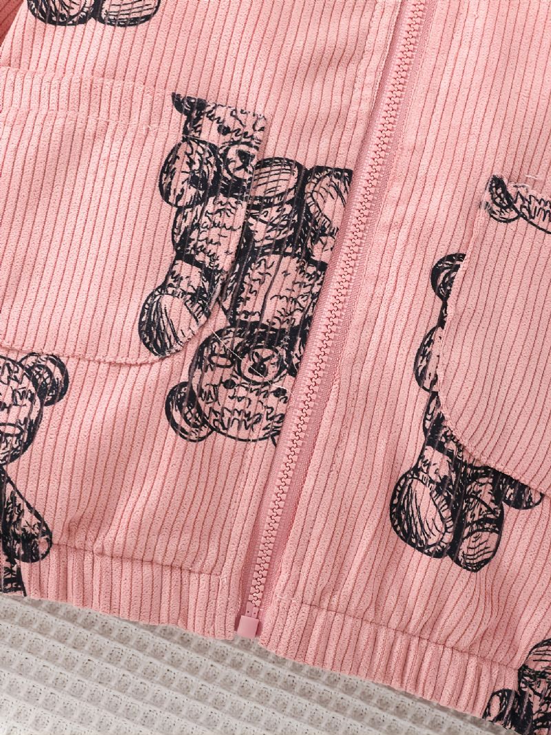 Tjejer Bear Print Manchester Hooded Dragkedja Jacka Kappa Barnkläder För Vintern