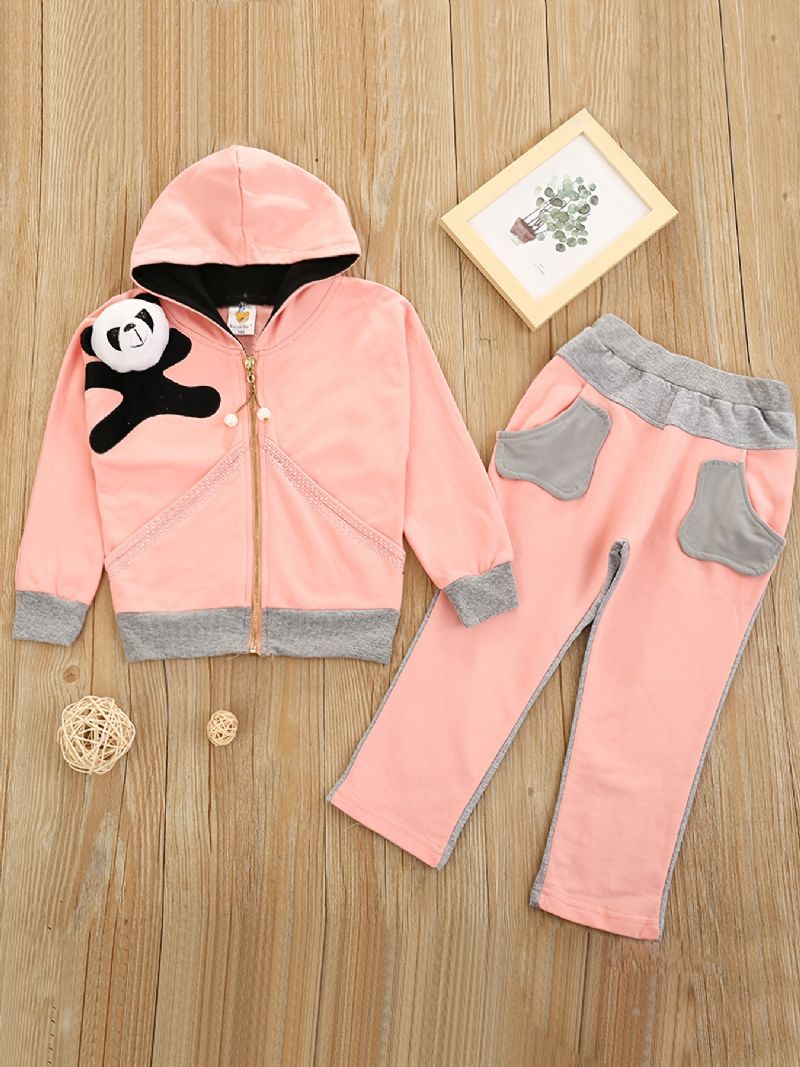 Tjejer Casual Panda Print Zip-up Huvjacka & Träningsbyxor För Vintern