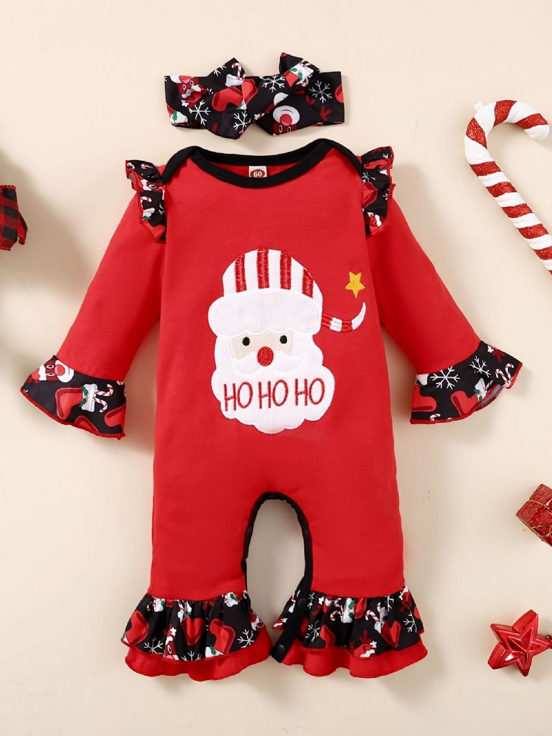 2 St Småbarn Bebis Jultomten Broderad Jumpsuit Romper & Hårband Set För Flickor