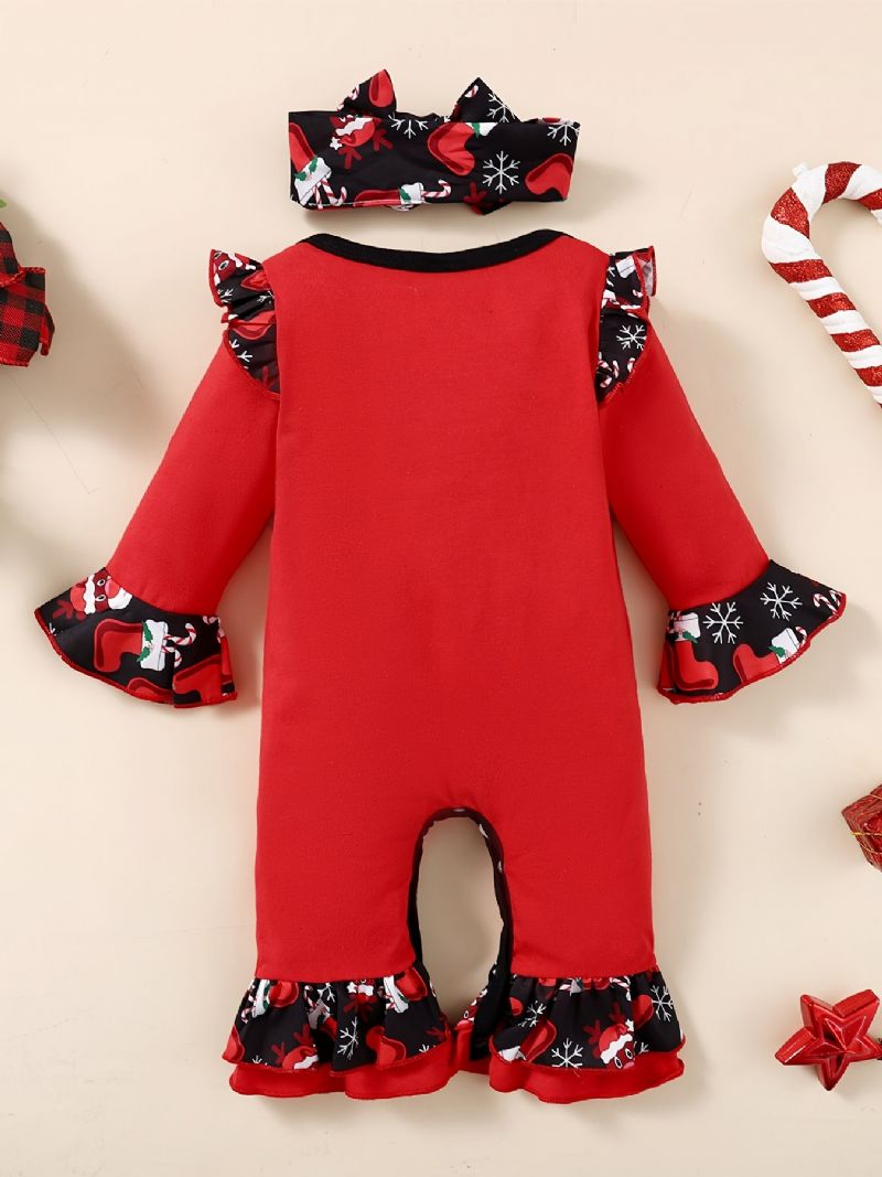 2 St Småbarn Bebis Jultomten Broderad Jumpsuit Romper & Hårband Set För Flickor