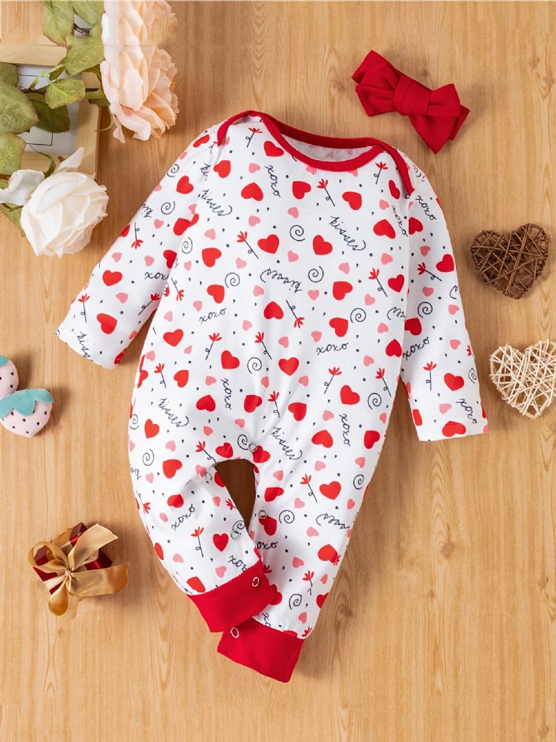 2st Bebis Flickor Heart Print Långärmad Jumpsuit Romper & Pannband Set Kläder