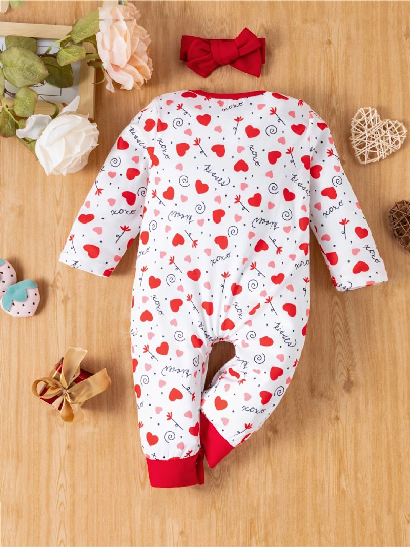 2st Bebis Flickor Heart Print Långärmad Jumpsuit Romper & Pannband Set Kläder