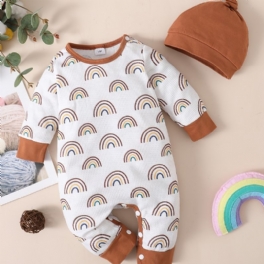 2st Småbarn Bebis Jumpsuit Regnbågstryck Långärmad Romper & Hatt Set För Pojkar Flickor
