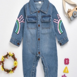 Bebis Flickor Casual Söt Denim Romper Långärmad Lapel Jumpsuit Med Bokstavstryck För Vintern