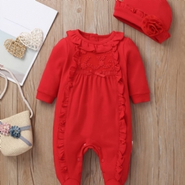 Bebis Flickor Footies Ruffle Crew Neck Jumpsuit & Hatt Set Rompers För Jul