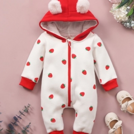 Bebis Flickor Hooded Jumpsuit Med Dragkedja & Jordgubbstryck Dekor För Höst Och Vinter Nytt