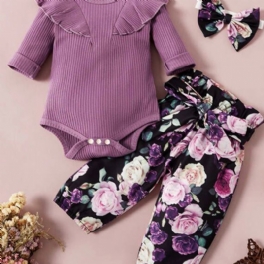 Bebis Flickor Långärmad Byxa + Blommönster + Pannband Set Bebiskläder Outfit Body Onesie Jumpsuit