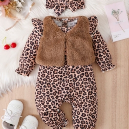 Bebis Flickor Långärmad Leopard Print Jumpsuits Med Patchwork Väst & Pannband Set