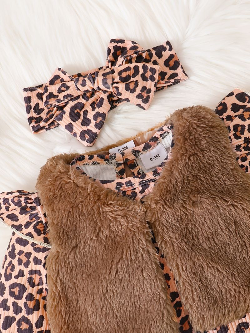 Bebis Flickor Långärmad Leopard Print Jumpsuits Med Patchwork Väst & Pannband Set