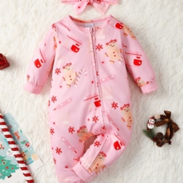 Bebis Flickor Långärmad Tecknad Mönster Jumpsuit + Pannband Set Bebiskläder