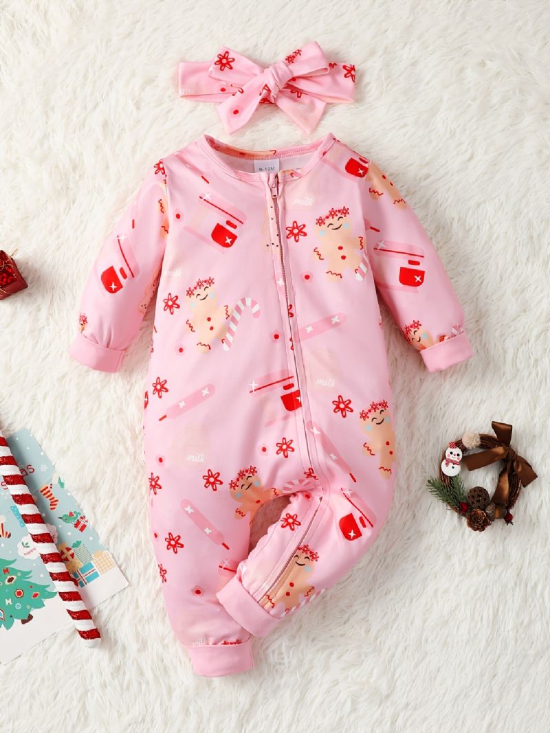 Bebis Flickor Långärmad Tecknad Mönster Jumpsuit + Pannband Set Bebiskläder